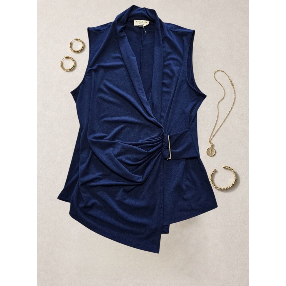 Rio & Rian Wrap Blouse Women's Medium Navy Blue Sleeveless Asymmetrical Workwear